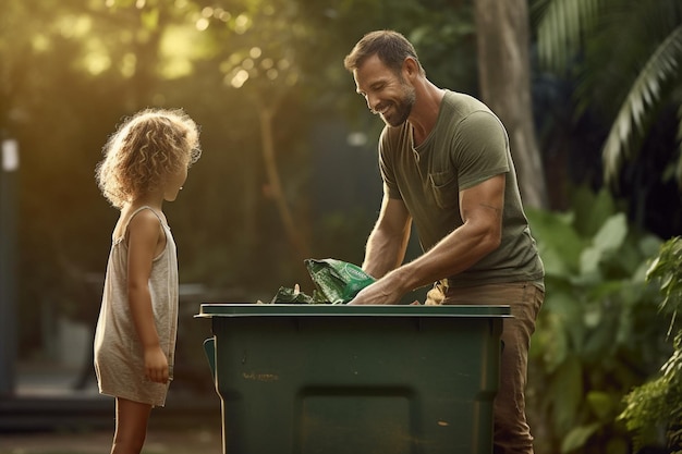 Happy father and daughter collect garbage from a green recycling bin at the household with Generative AI