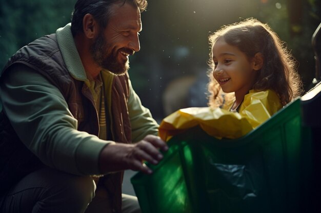 Happy father and daughter collect garbage from a green recycling bin at the household with Generative AI