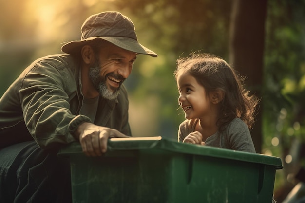 행복한 아버지와 딸이 Generative AI를 사용하여 가정의 녹색 재활용 쓰레기통에서 쓰레기를 수거합니다.