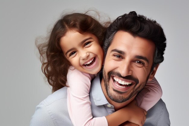 Happy father and daughter hugging and looking at camera isolated on grey background Ai generated