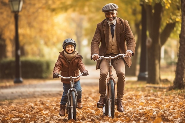 Happy father and daughter ride bicycles in the autumn park on a sunny day generative ai