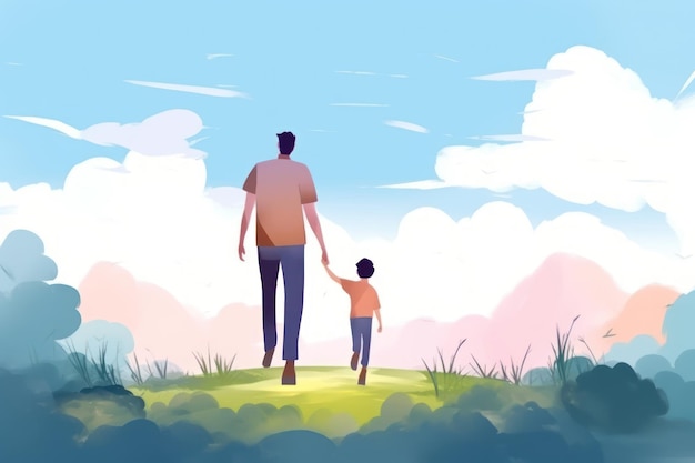 幸せな父の日のフラットなデザインの父と息子は歩いて手を握る水彩風