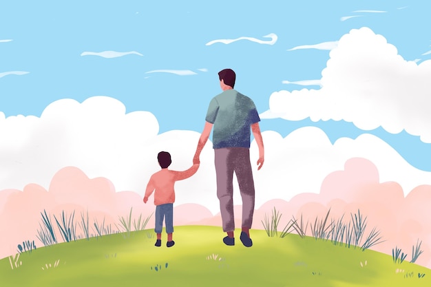 Happy father' day flat design father and son walk and hold hand