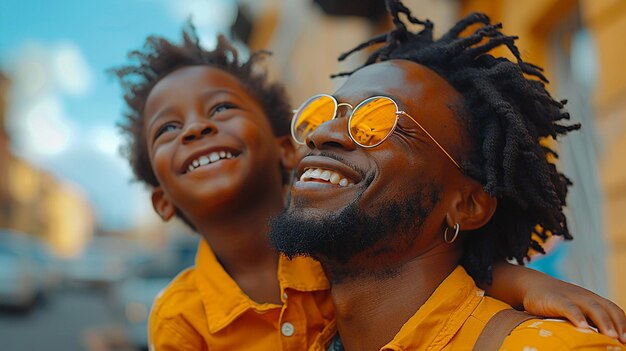 Photo happy father giving son a ride on his neck sitting on his shoulder and looking up at the sky