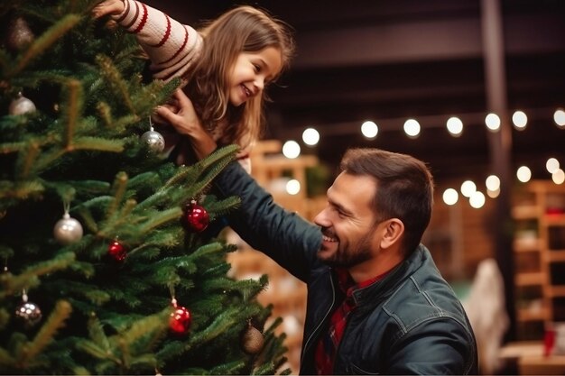 Happy father and his little daughter decorate the Christmas tree at home Christmas lights Selective focus Blurred background