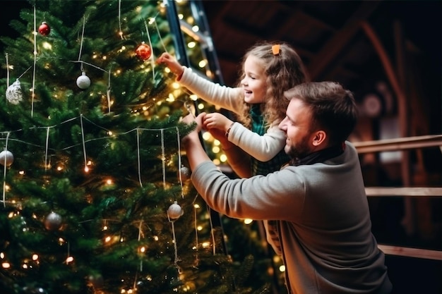 幸せな父と小さな娘が自宅のクリスマス ツリーを飾るクリスマス ライトの選択と集中ぼやけた背景