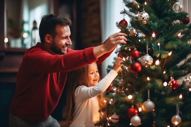 Happy father and his little daughter decorate the Christmas tree at home Christmas lights Selective focus Blurred background