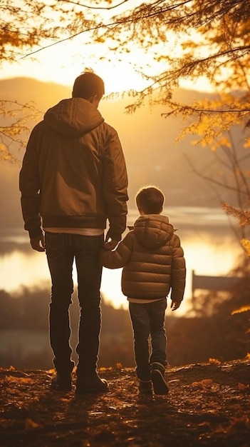 幸せな父親が手をつないで 子供の息子 暖かい秋の夕方