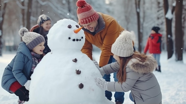 Happy father mother and kids sculpting funny snowman comeliness