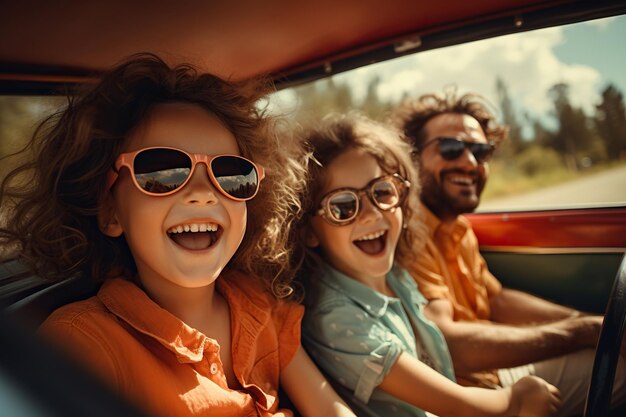 Foto padre felice, madre e figlio che si godono il viaggio durante le vacanze estive