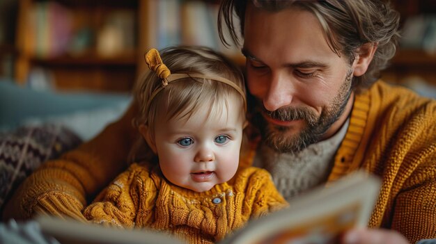 Happy father relax and read book with baby time together at home