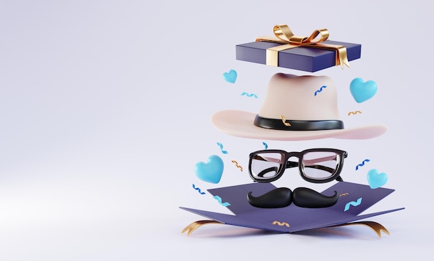 Photo happy father's day 3d illustration with hat tie mustache eyeglasses background