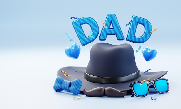 Photo happy father's day 3d illustration with hat tie mustache eyeglasses background