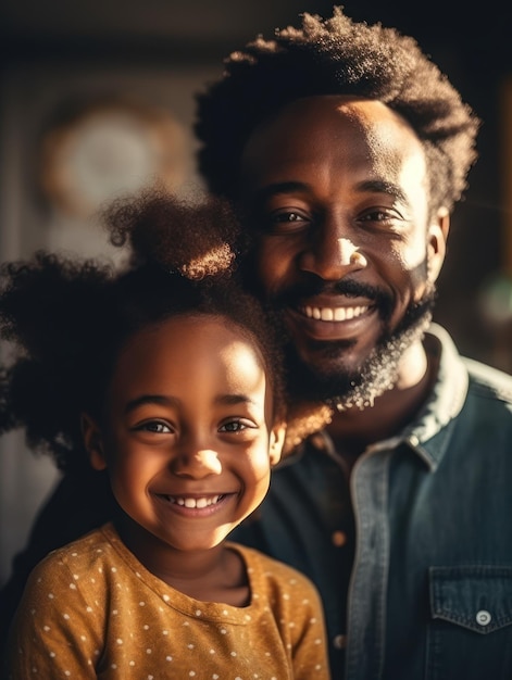 Счастливый день отца Афроамериканский отец и дочь счастливо улыбаются