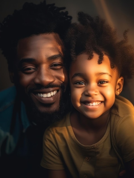 해피 아버지의 날 아프리카계 미국인 아버지와 딸이 행복하게 웃고 있습니다.