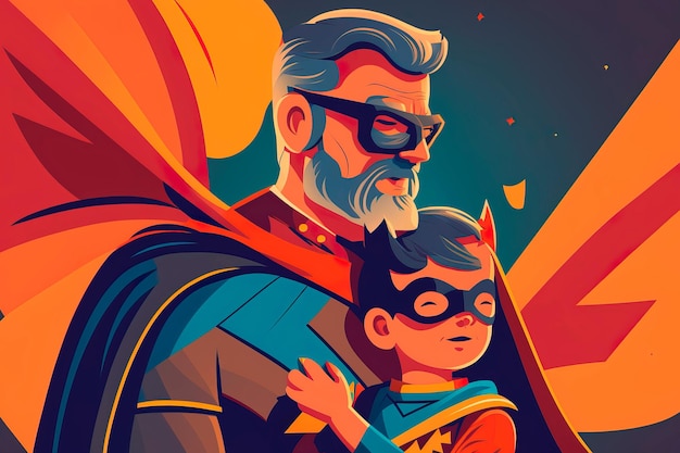 Happy Father's Day A dad in a superhero costume is holding a hero son Generative AI