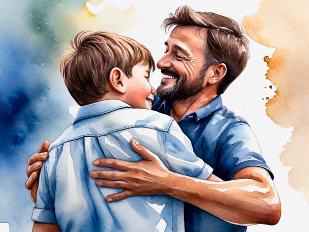 Foto buona festa del padre con padre e figlio che si abbracciano acquerello