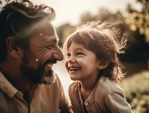 Happy father smiling at his daughter at sunset