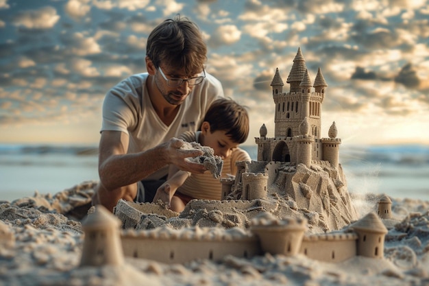 행복한 아버지와 아들은 모래 성을 짓고 있습니다.