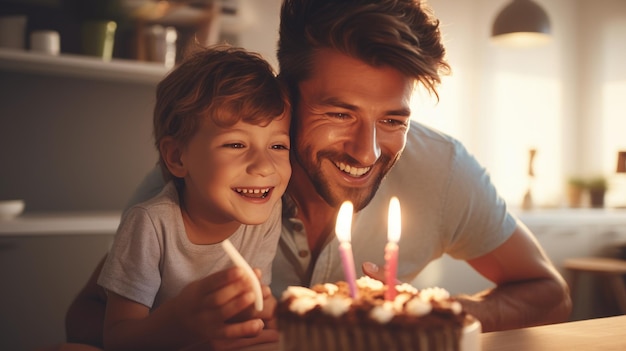 Счастливый отец и сын празднуют день рождения с огромным вкусным тортом со свечами, созданным с помощью технологии генеративного искусственного интеллекта.