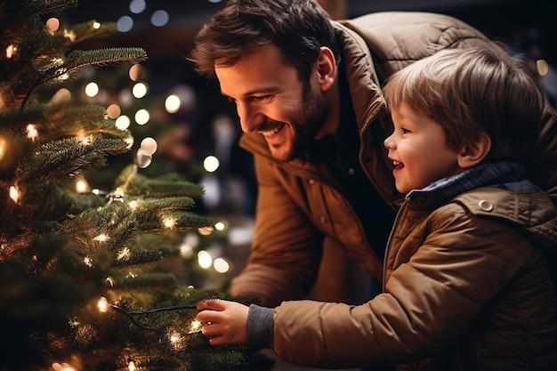 Photo a happy father and son decorate a christmas tree on christmas eve