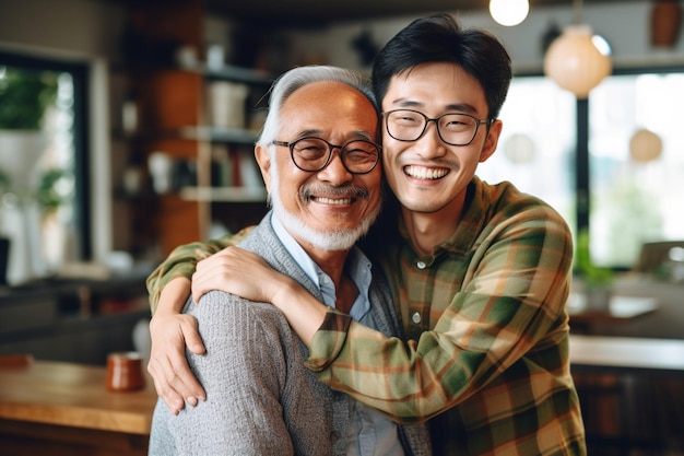 幸せな父と息子は、家族の愛を込めて父の日に家で過ごすことを楽しむ