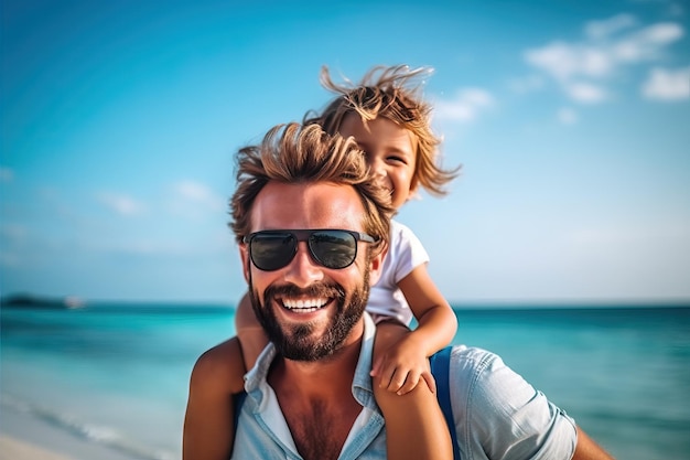 Happy father and son enjoying time at beach during family vacation boys having fun together