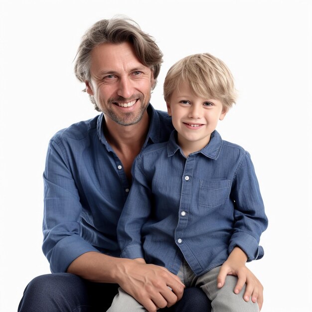 happy father and son isolated on white background in studio