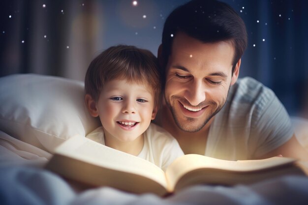 Happy father and son reading book with fairy tales in bed at home together at night