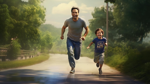 Happy father and a son running on a park road Image of single dad with her son copy space for text