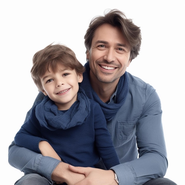 Happy father and son on white background