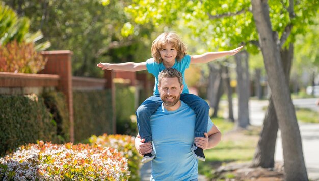 Happy father with child spend free time together in park family bonding