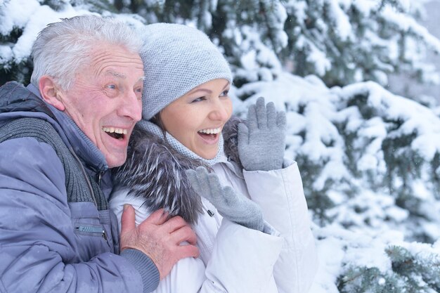 Happy father with daughter, smiling and posing outdoors in winter