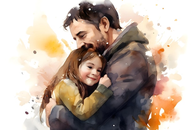 Photo happy father39s day happy dad a man hugs his daughter in a watercolor style