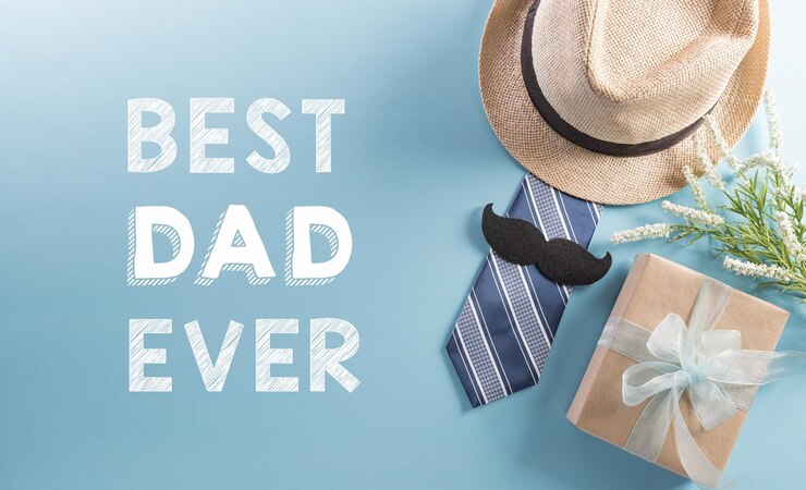 Happy Fathers Day background concept with hat gift box necktie and mustache on pastel background