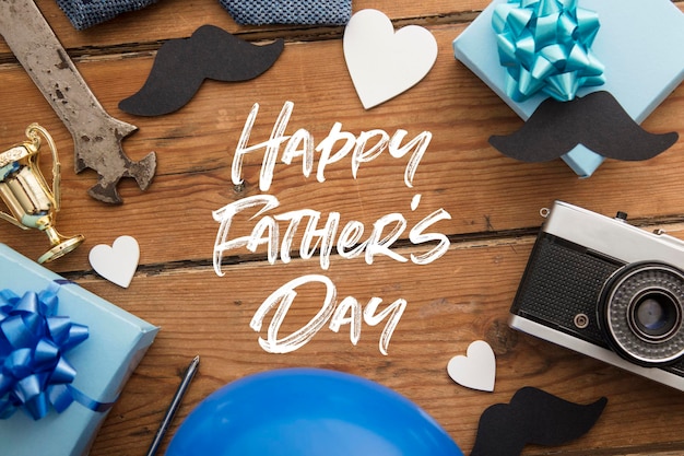 Photo happy fathers day background concept with presents mustache and trophy