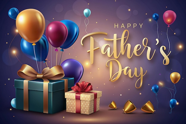 Photo happy fathers day greeting card design with balloon and falling confetti on shiny luxury background