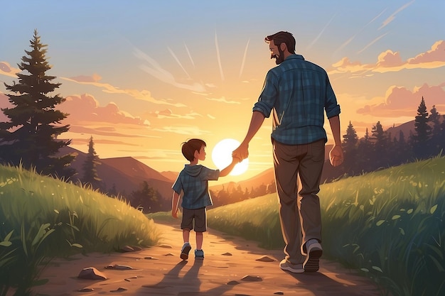 Happy Fathers Day Illustration of father walked holding the childs hand while smiling