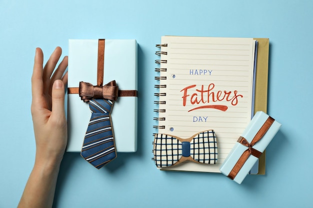 happy fathers day inscription inscription in notebook with gifts