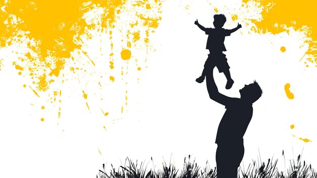 happy fathers day with silhouette of dad lifting his child against backdrop of yellow grunge texture