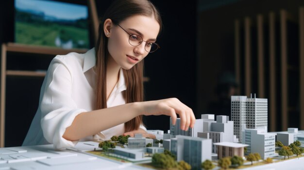 Happy female architect looking at architectural models with buildings and green space Generative AI AIG21