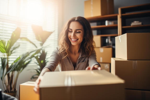 白い部屋で荷物を梱包する幸せな女性経営者