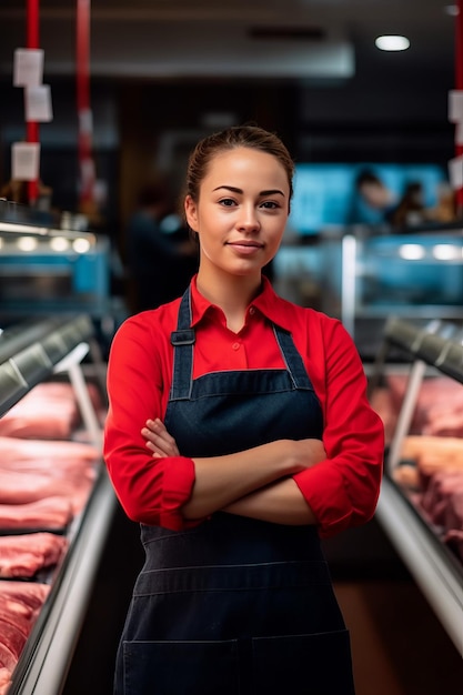 A happy female butcher standing with arms crossed in modern meat shop