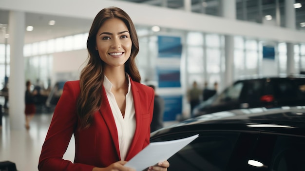 A happy female car dealer is standing in showroom