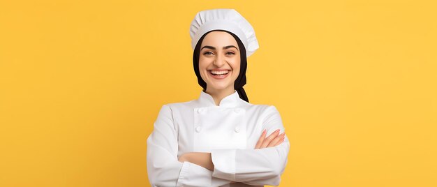 Happy female chef wearing uniform and cap backgroung with copy space for text