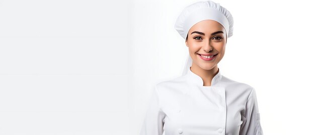 Photo happy female chef wearing uniform and cap backgroung with copy space for text