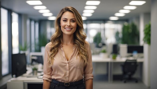 Photo happy female designer standing in office full boby