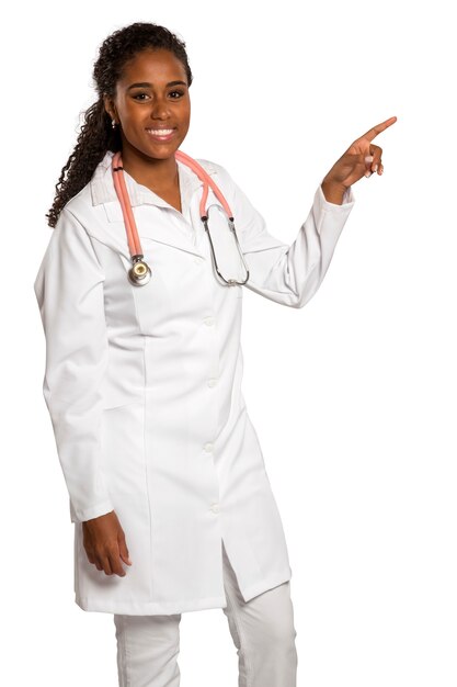 Happy female doctor pointing with her finger