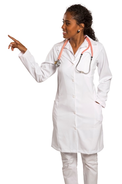 Happy female doctor pointing with her finger