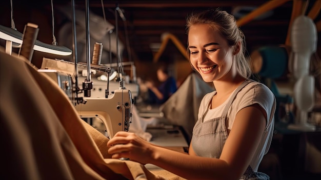 維工場で縫製機で働く幸せな女裁縫師